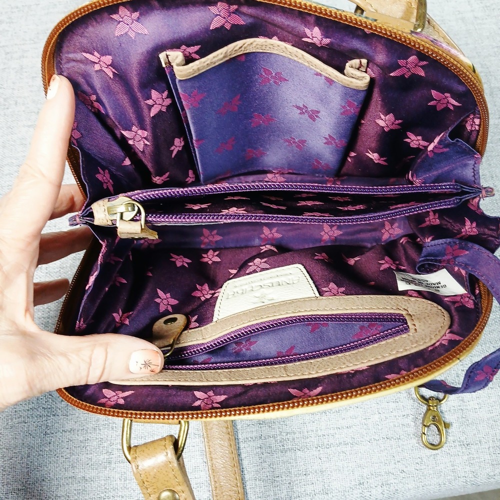 Anuschka Hand Painted Leather Floral Dragonfly Crossbody Bag Tan Small - Picture 4 of 15